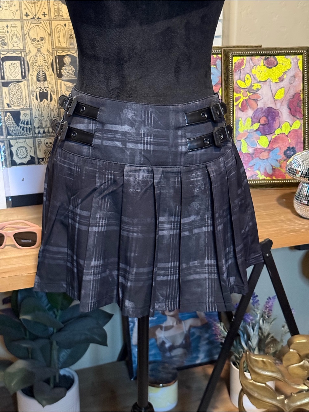New Killstar Black Plaid Pleated Mini Skirt with Buckle Straps